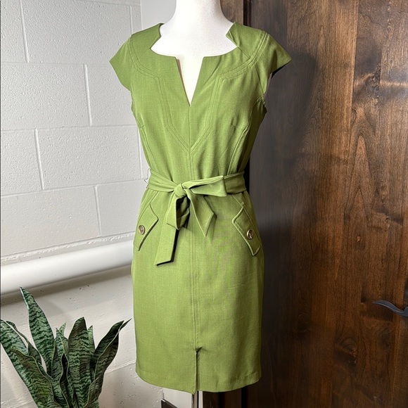 Green Sheath Mini Dress with Tie Front and Flutter Cap Sleeves - Picture 1 of 9